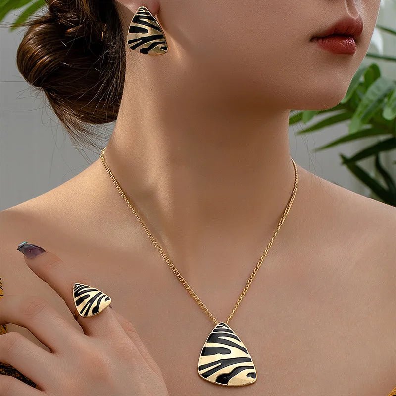 Geometric Leopard Print Necklace, Ring, Earrings Set - Veinci