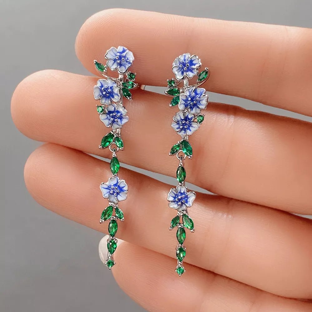 Glossy Blue Floral Dangling Earrings - Veinci
