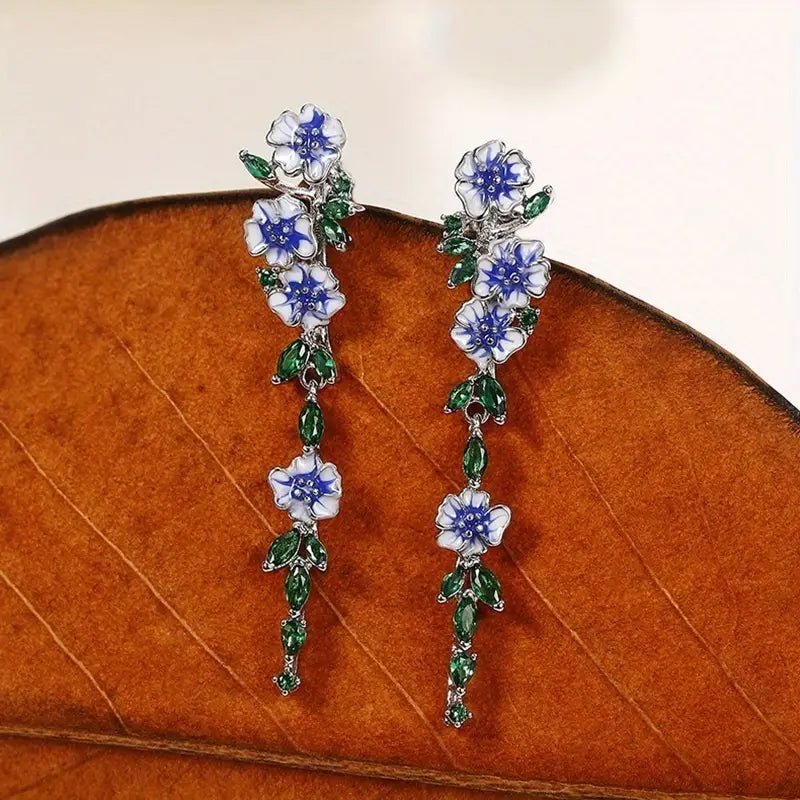 Glossy Blue Floral Dangling Earrings - Veinci