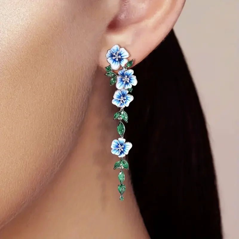 Glossy Blue Floral Dangling Earrings - Veinci