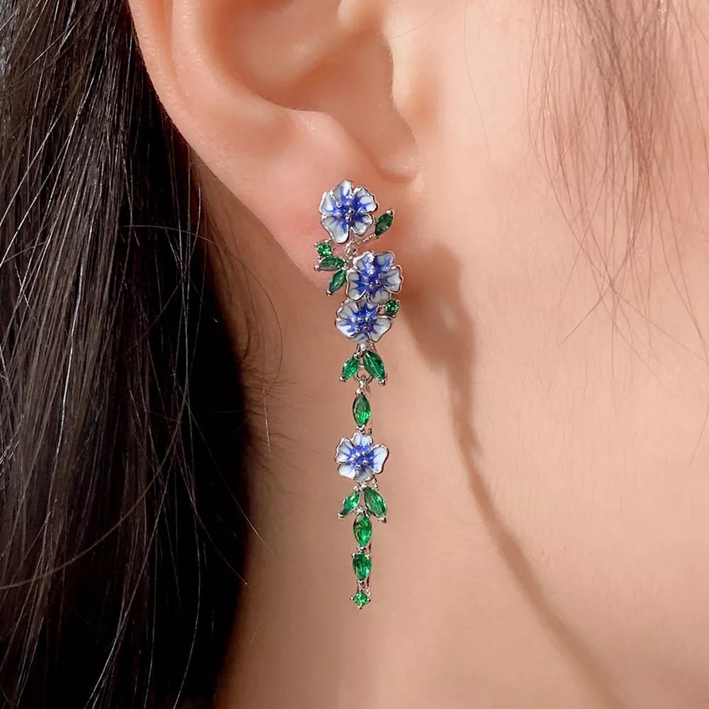 Glossy Blue Floral Dangling Earrings - Veinci