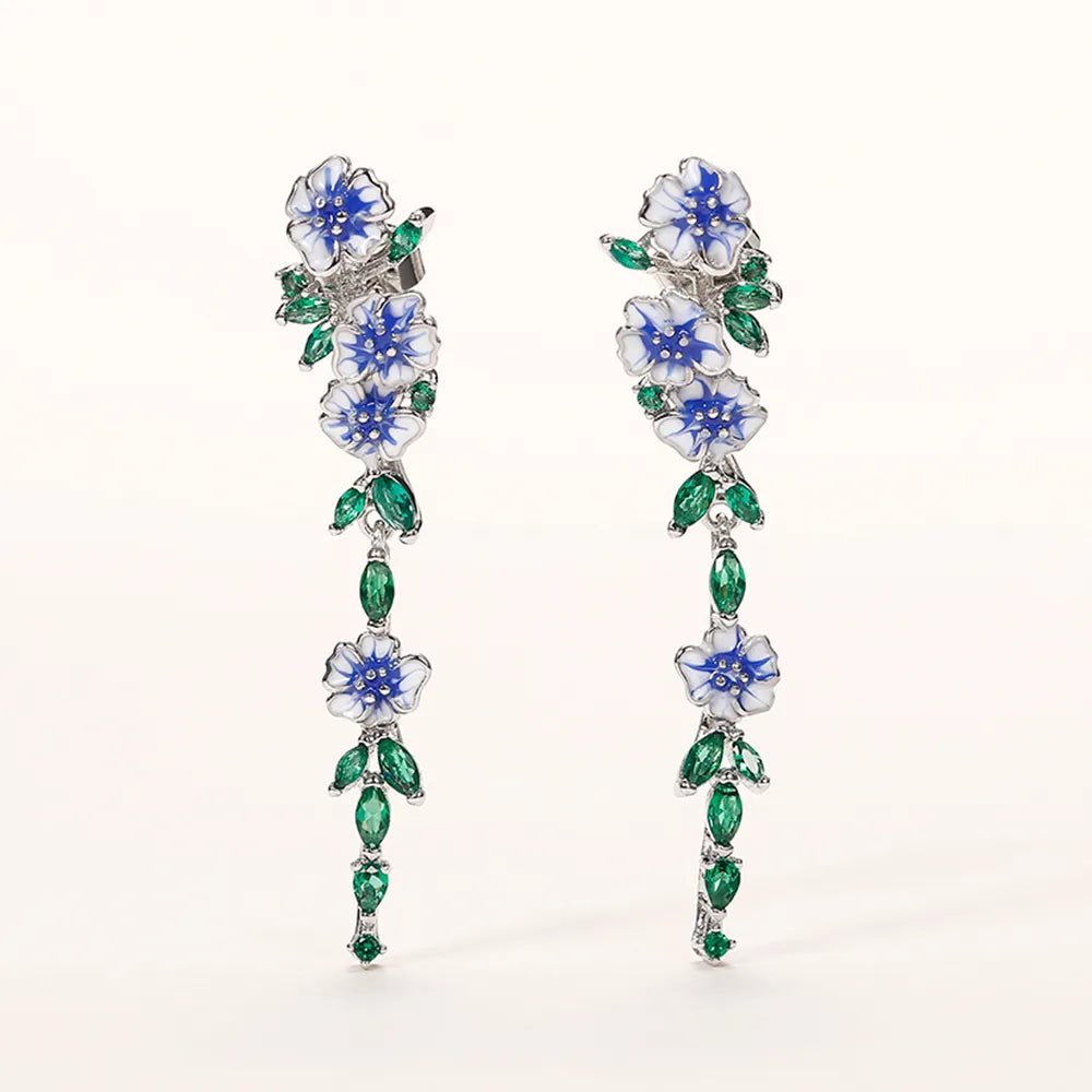 Glossy Blue Floral Dangling Earrings - Veinci