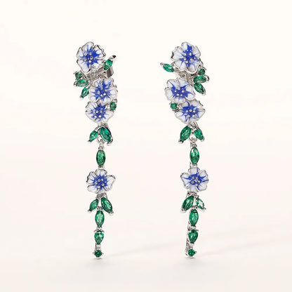 Glossy Blue Floral Dangling Earrings - Veinci