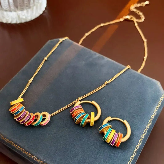 Gold Accented Colorful Circles Necklace and Earrings - Veinci
