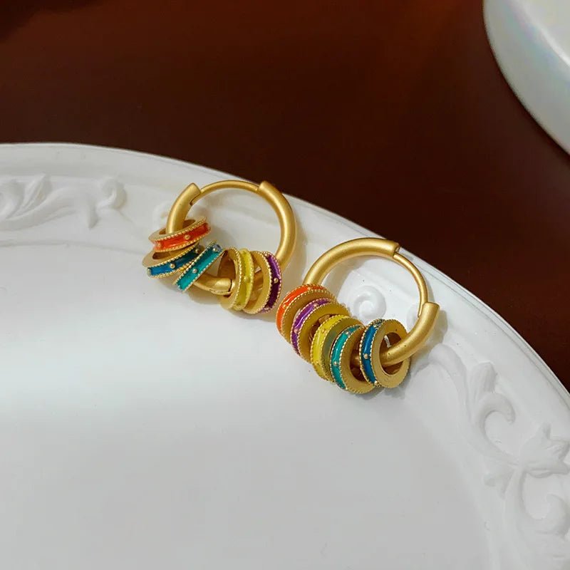 Gold Accented Colorful Circles Necklace and Earrings - Veinci