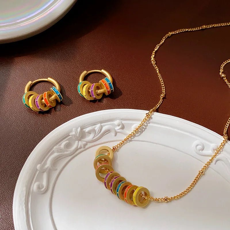 Gold Accented Colorful Circles Necklace and Earrings - Veinci