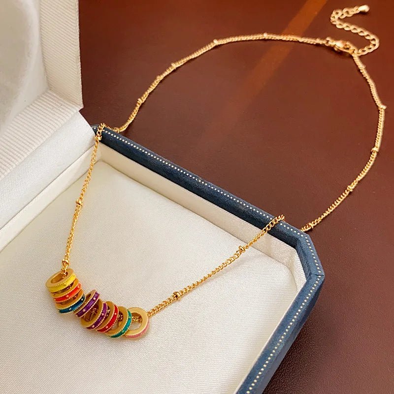 Gold Accented Colorful Circles Necklace and Earrings - Veinci