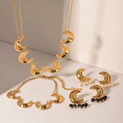 Golden Crescent Moon Astrology Necklace Bracelet Earrings Jewelry Set - Veinci