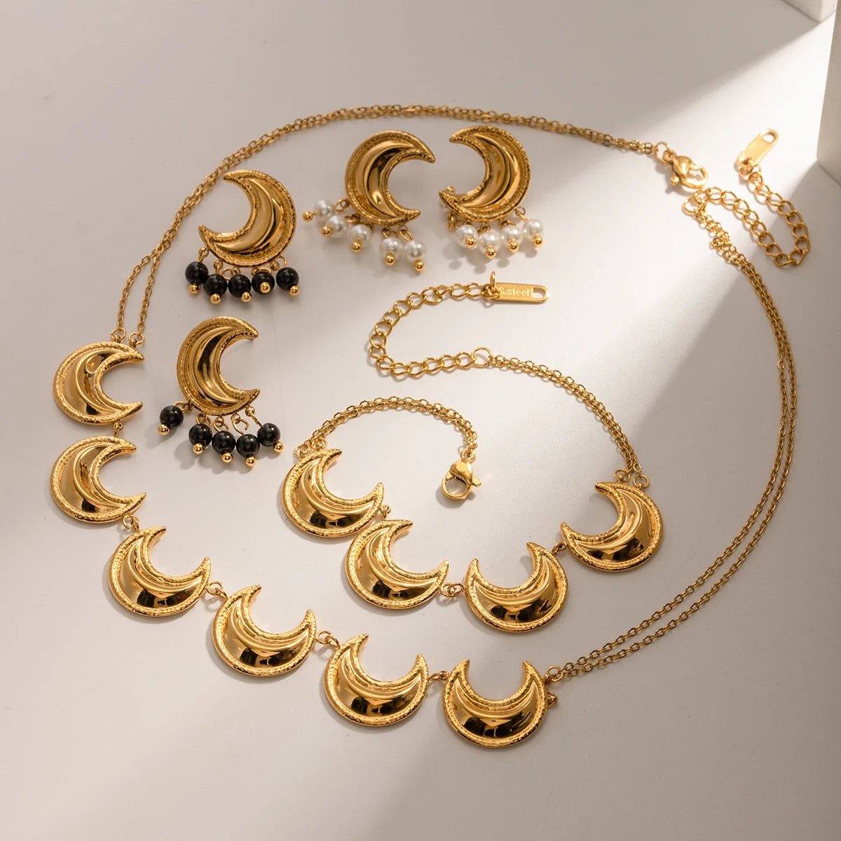 Golden Crescent Moon Astrology Necklace Bracelet Earrings Jewelry Set - Veinci