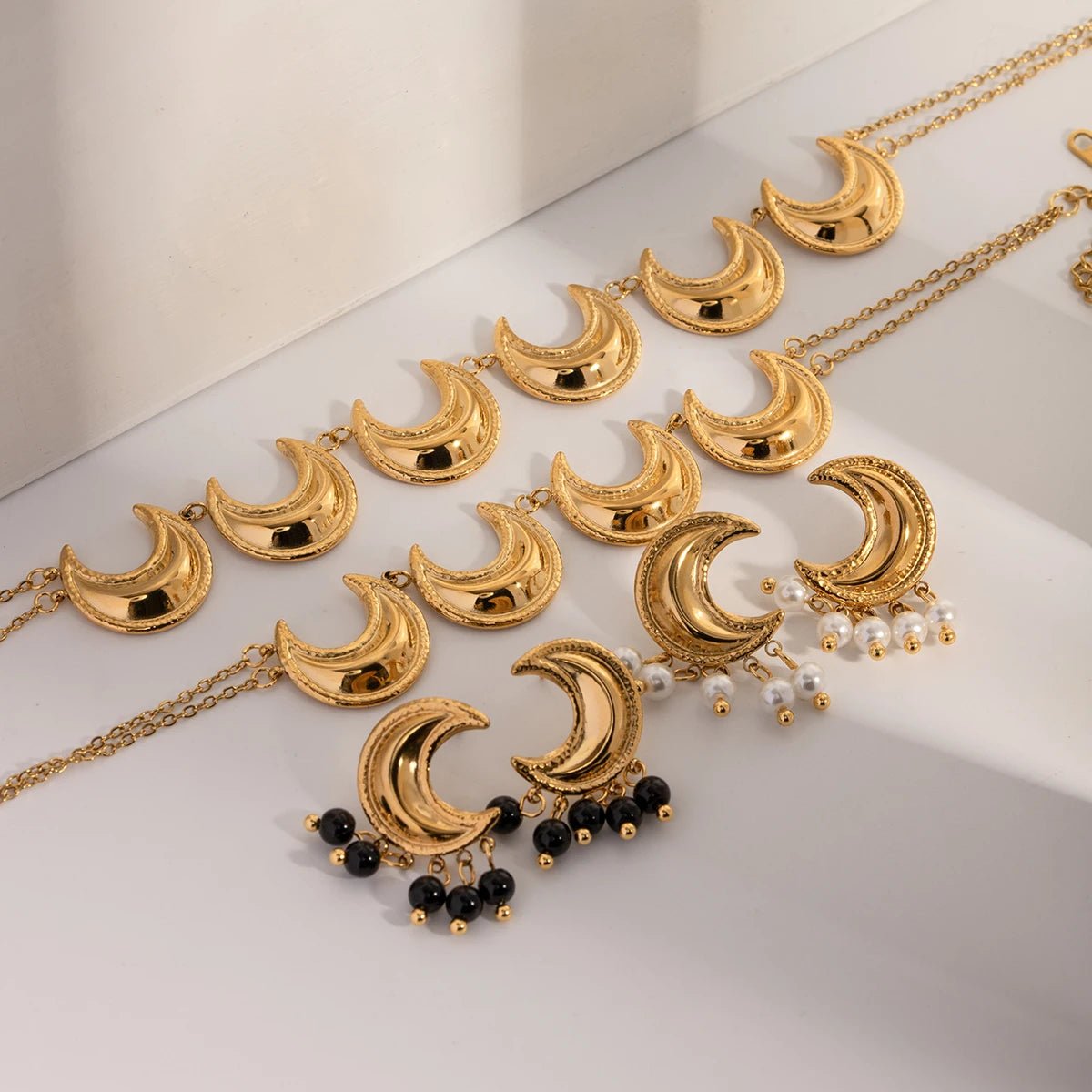 Golden Crescent Moon Astrology Necklace Bracelet Earrings Jewelry Set - Veinci