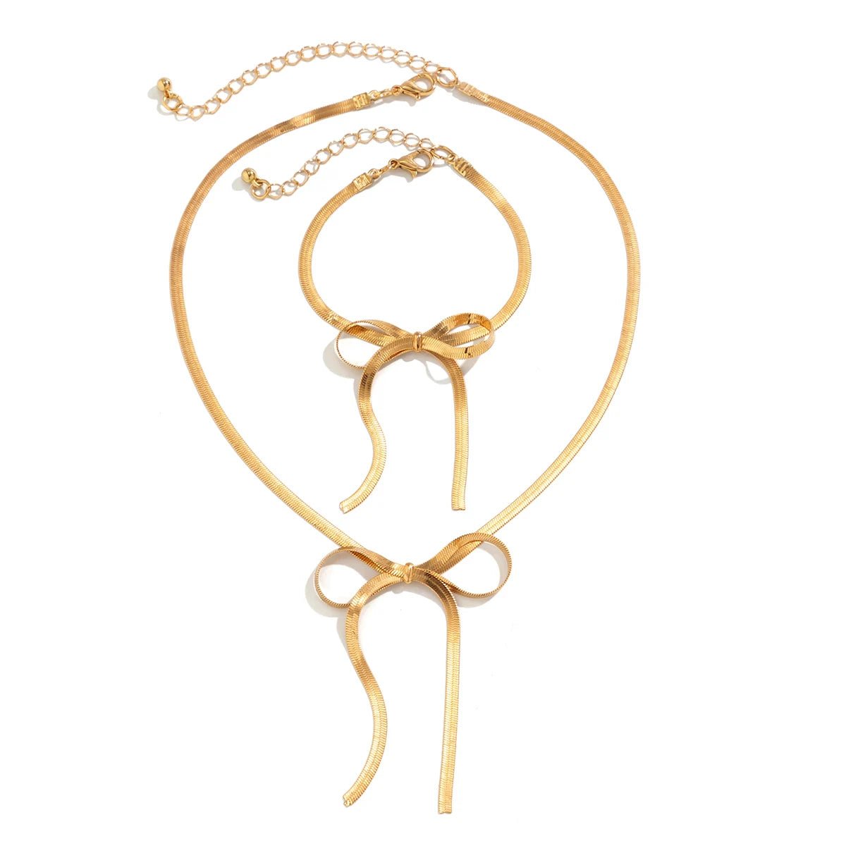 Herringbone Chain Bow Necklace and Bracelet Set - Veinci