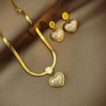 Herringbone Love Heart Necklace and Earrings Set - Veinci