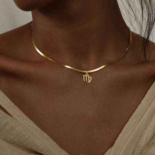 Herringbone Zodiac Sign Chain Choker Necklace - Veinci