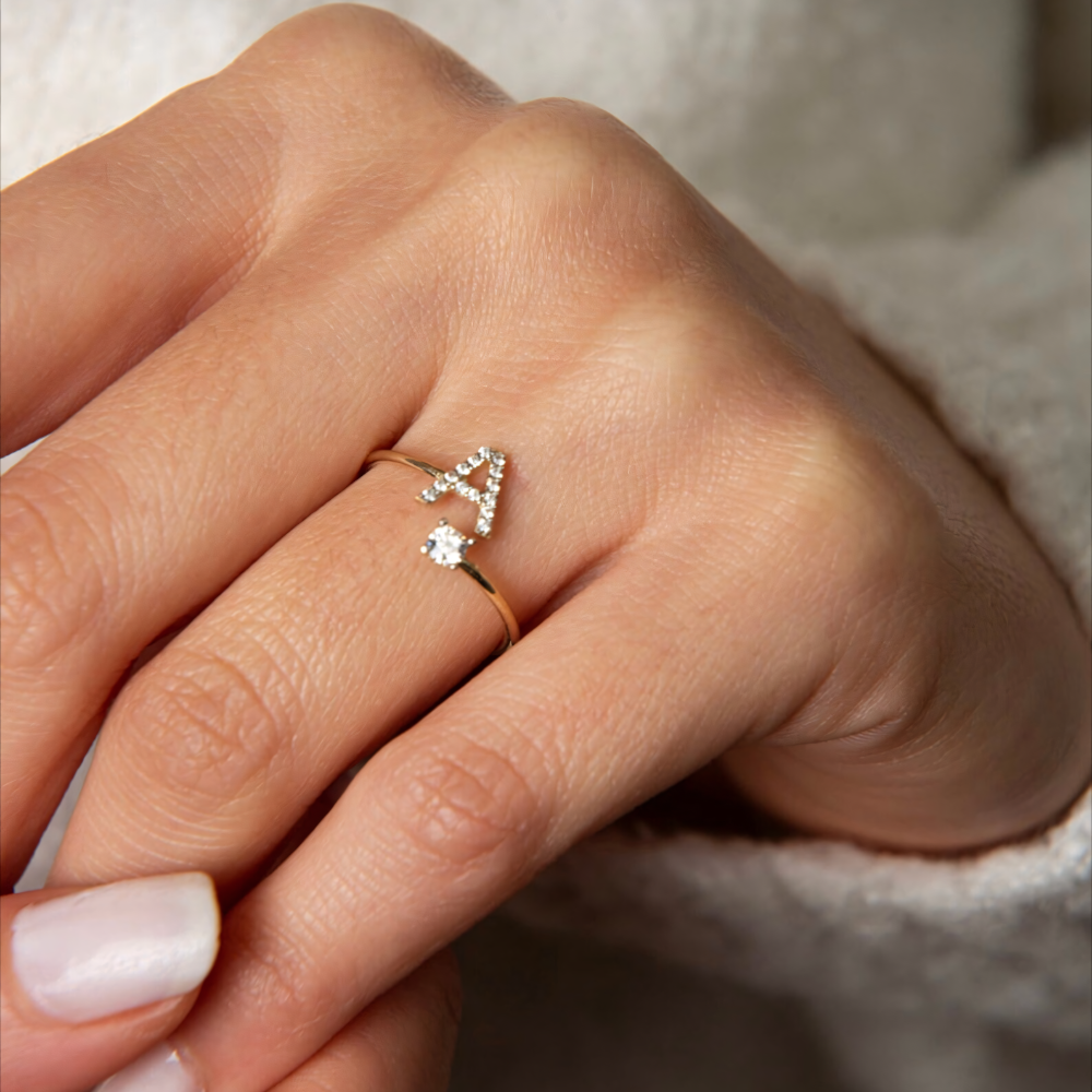 Adjustable Dainty Diamond Letter Initial Ring