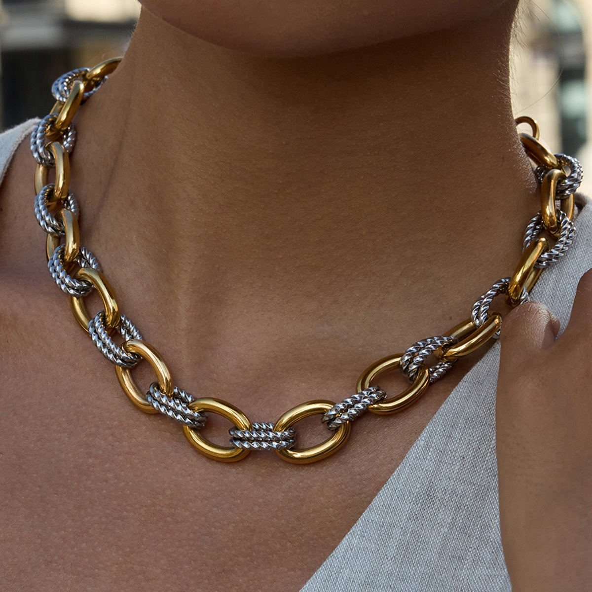 Two-Tone Chunky Paperclip Bracelet and Necklace Set