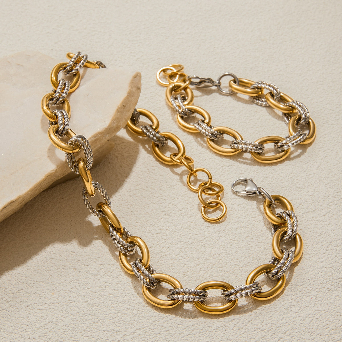 Two-Tone Chunky Paperclip Bracelet and Necklace Set