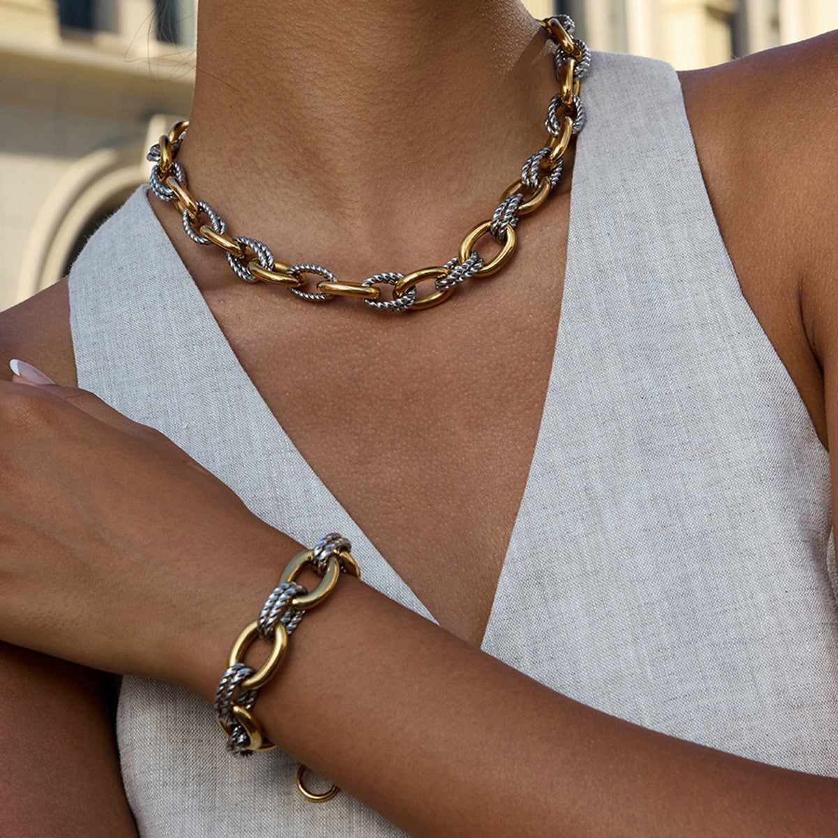 Two-Tone Chunky Paperclip Bracelet and Necklace Set