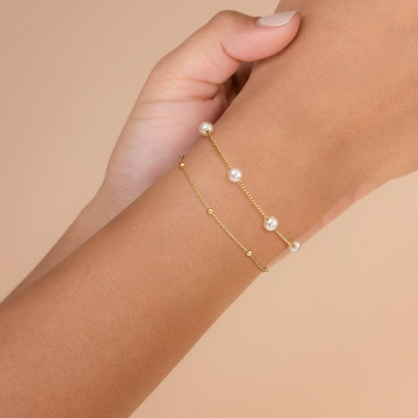14k 2pc Dainty Pearl & Satellite Bracelet Stack