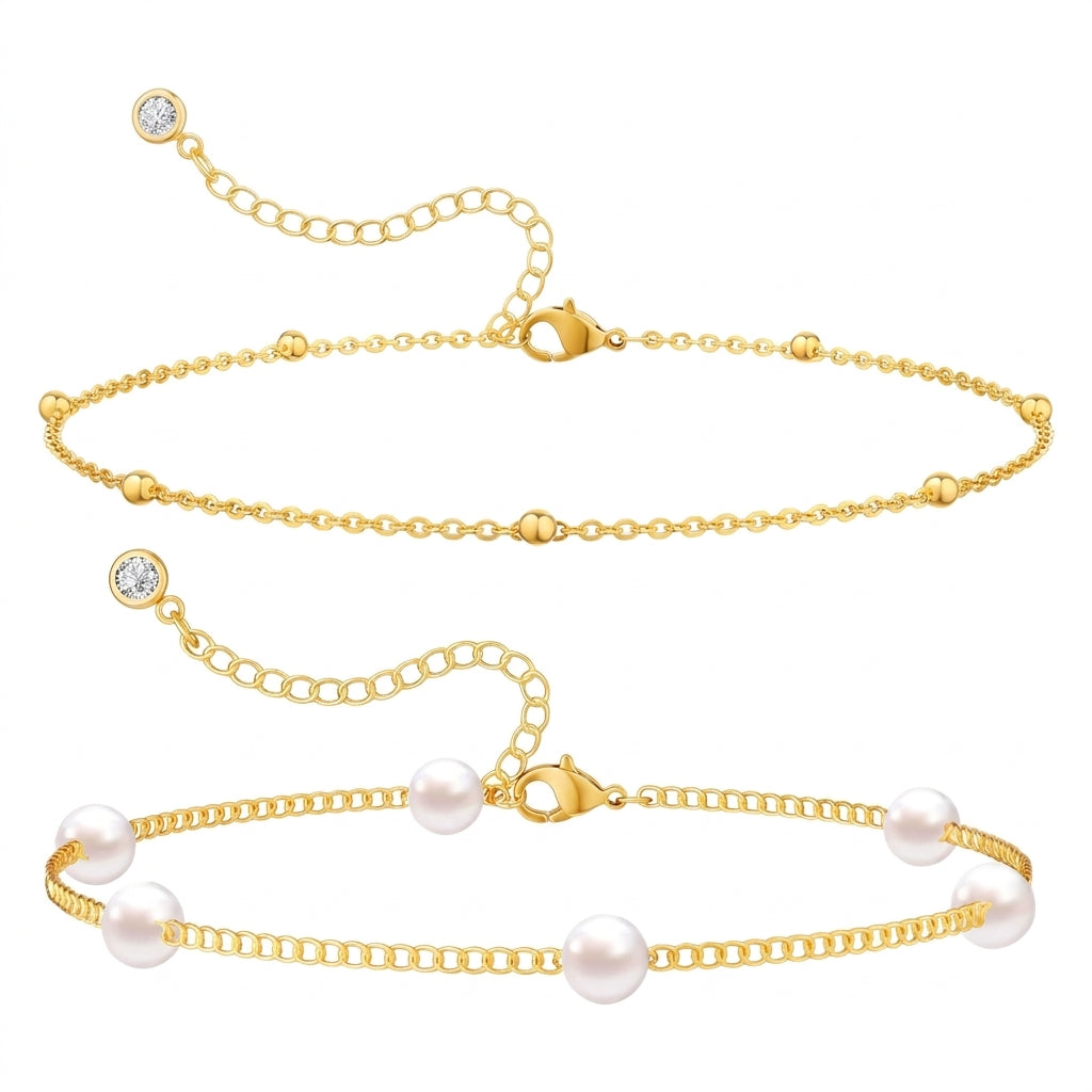 14k 2pc Dainty Pearl & Satellite Bracelet Stack