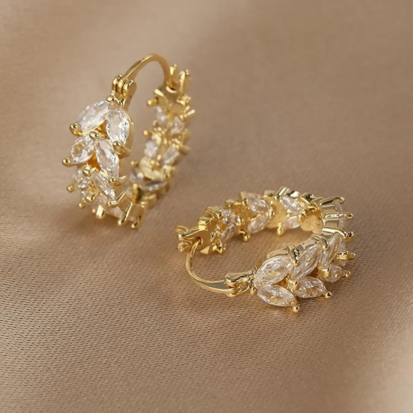Diamond Accented Leaf Designed Hoop Earrings