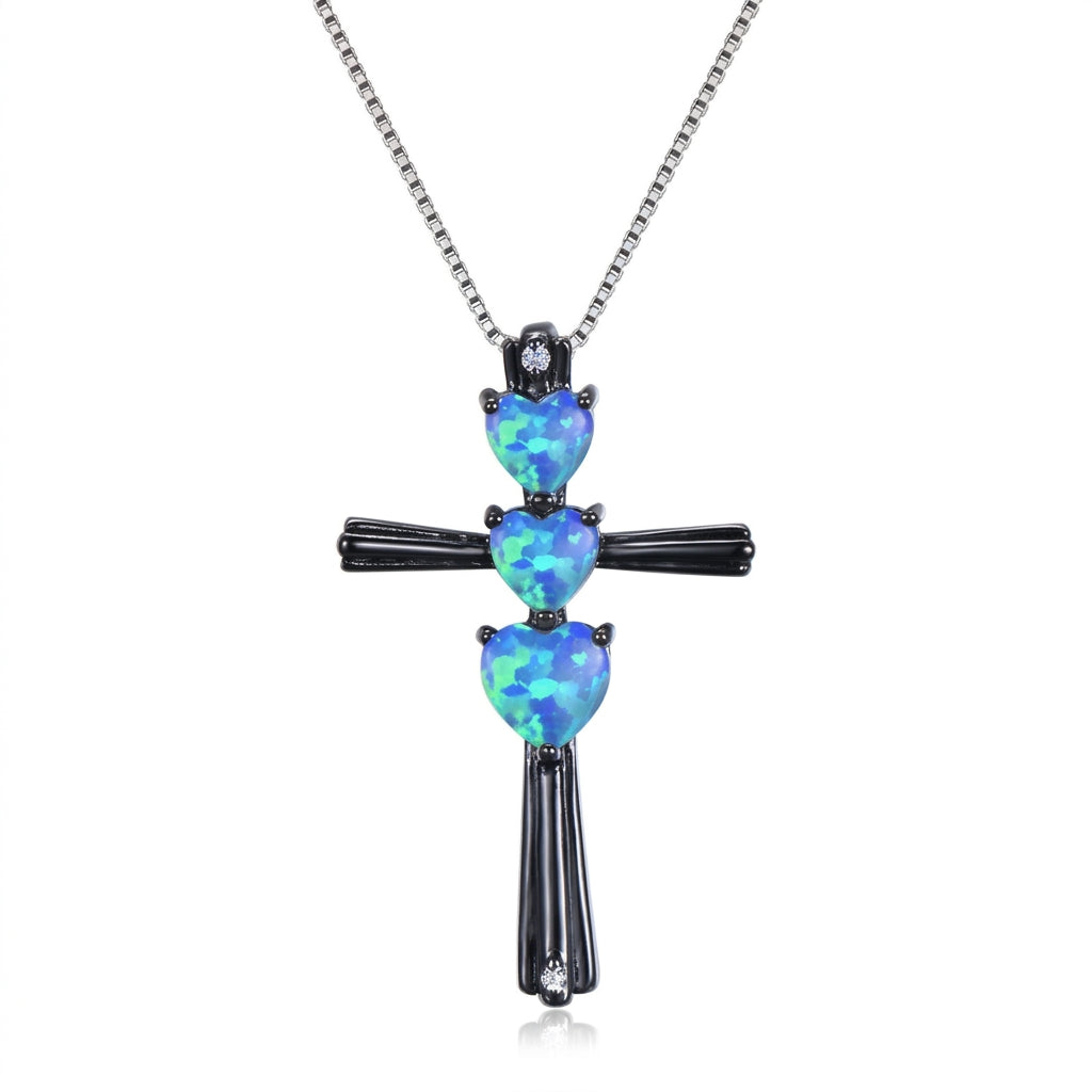 S925 Elegant Opal Heart Cross Necklace
