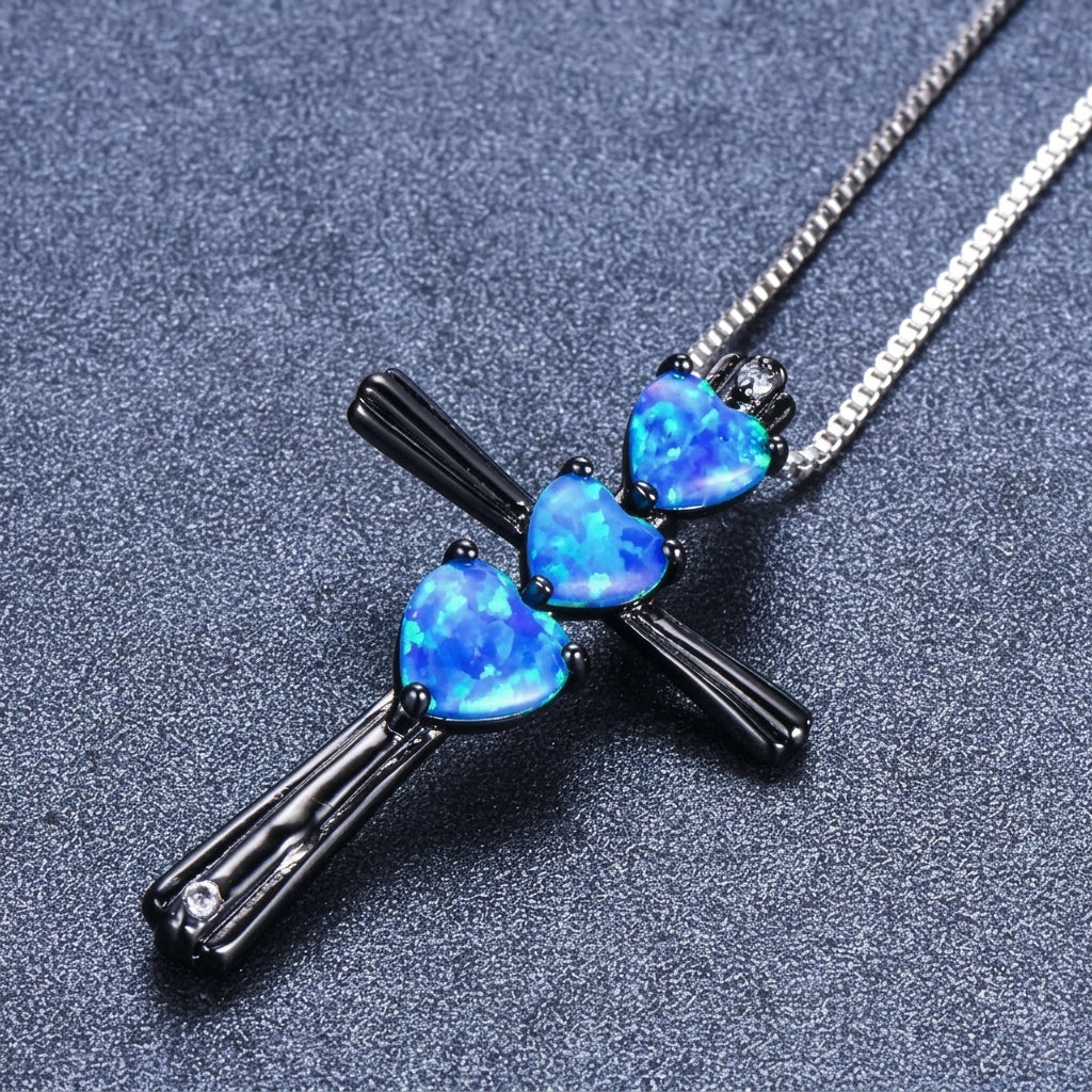 S925 Elegant Opal Heart Cross Necklace