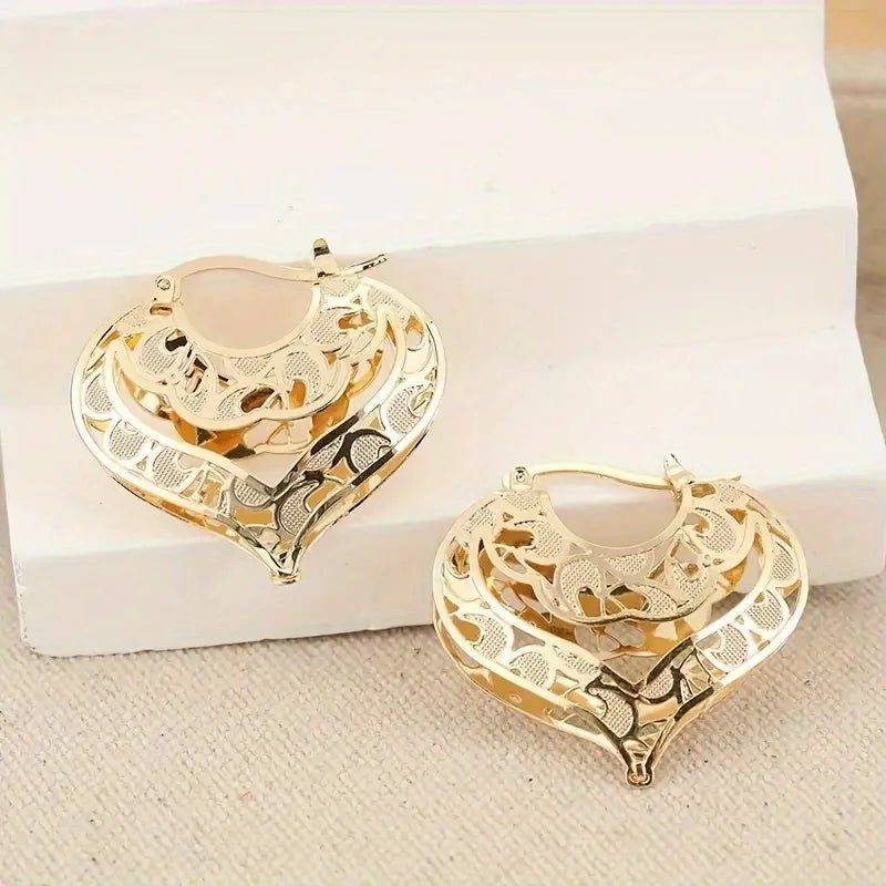 Intricate Open Heart Golden Earrings - Veinci