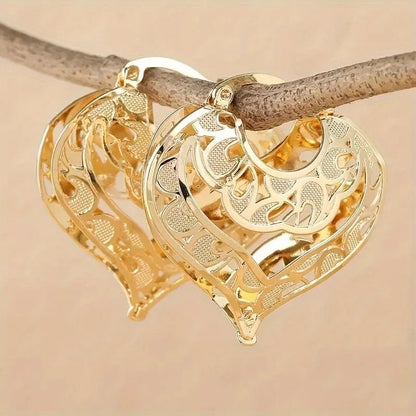 Intricate Open Heart Golden Earrings - Veinci