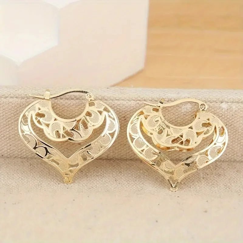 Intricate Open Heart Golden Earrings - Veinci