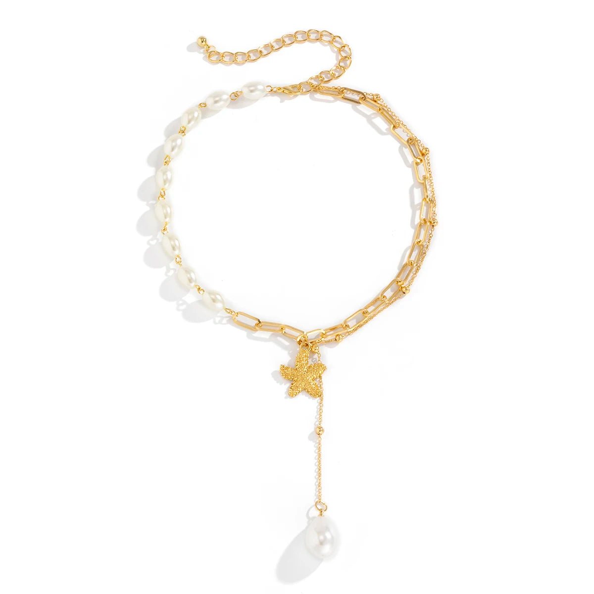 Layered Beach Pearl Drop Starfish Necklace - Veinci