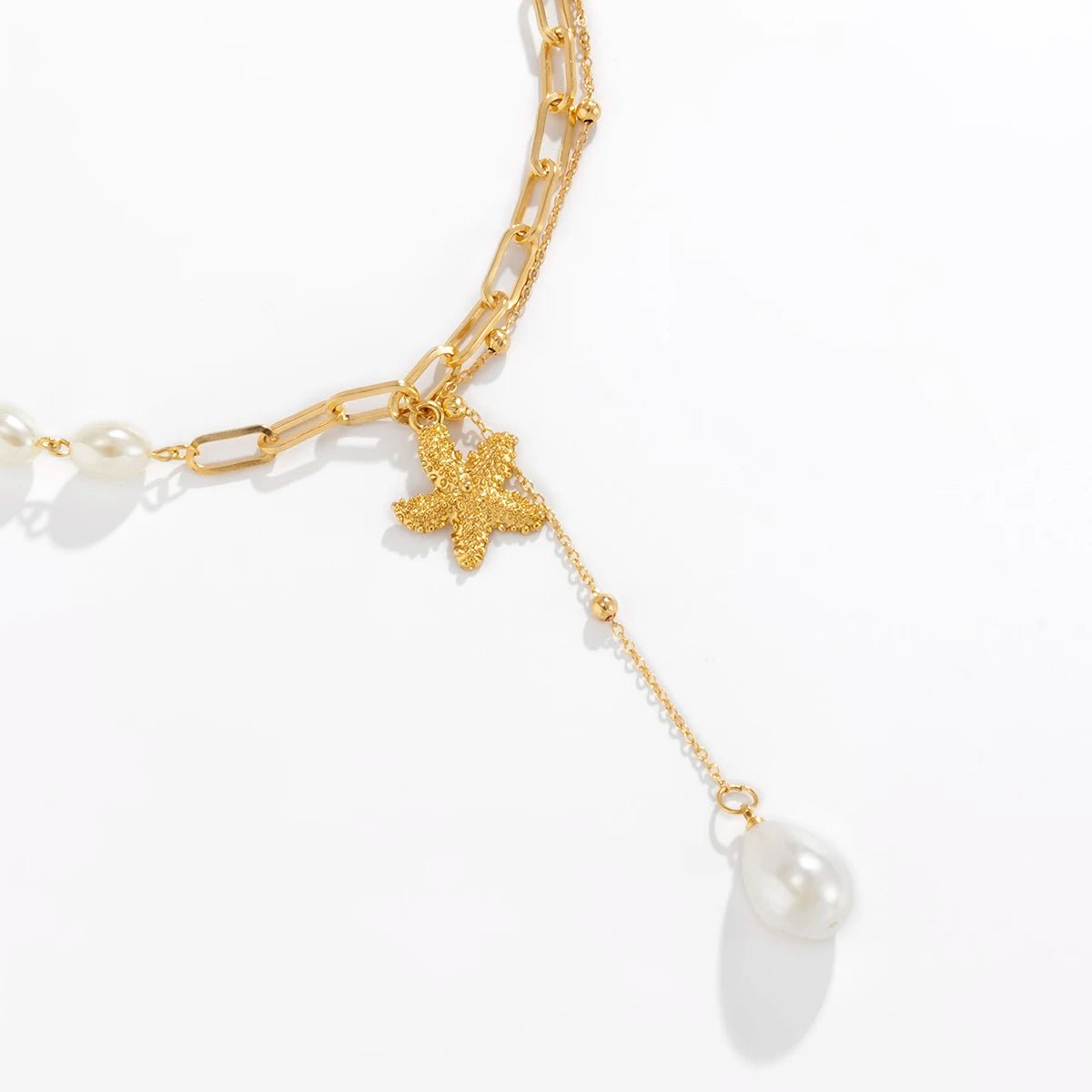 Layered Beach Pearl Drop Starfish Necklace - Veinci