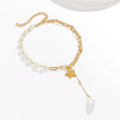 Layered Beach Pearl Drop Starfish Necklace - Veinci