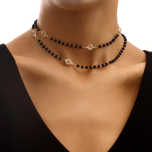 Layered Black Crystal Necklace - Veinci