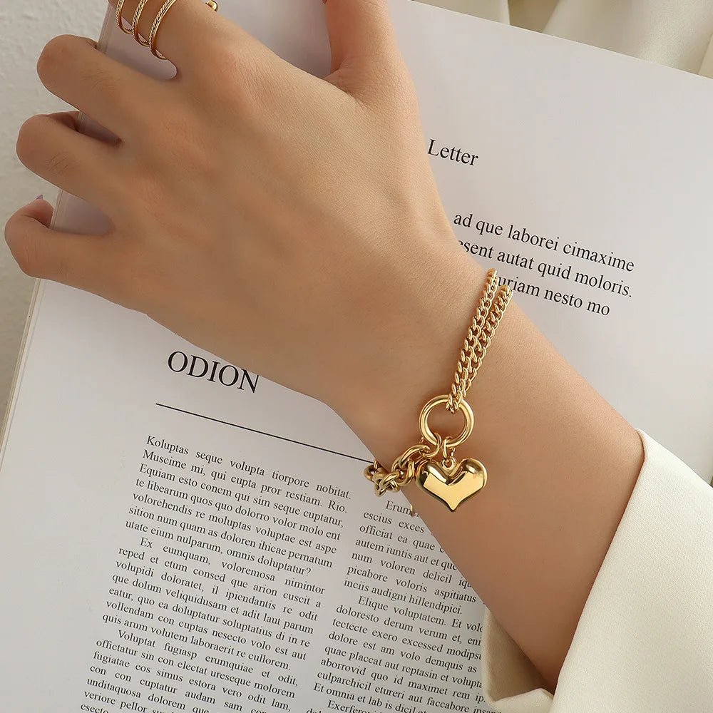 Layered Chain and Paperclip Heart Bracelet - Veinci