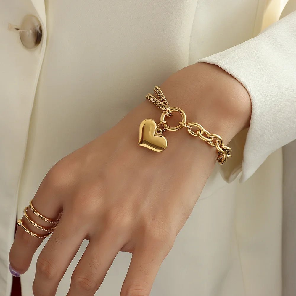 Layered Chain and Paperclip Heart Bracelet - Veinci