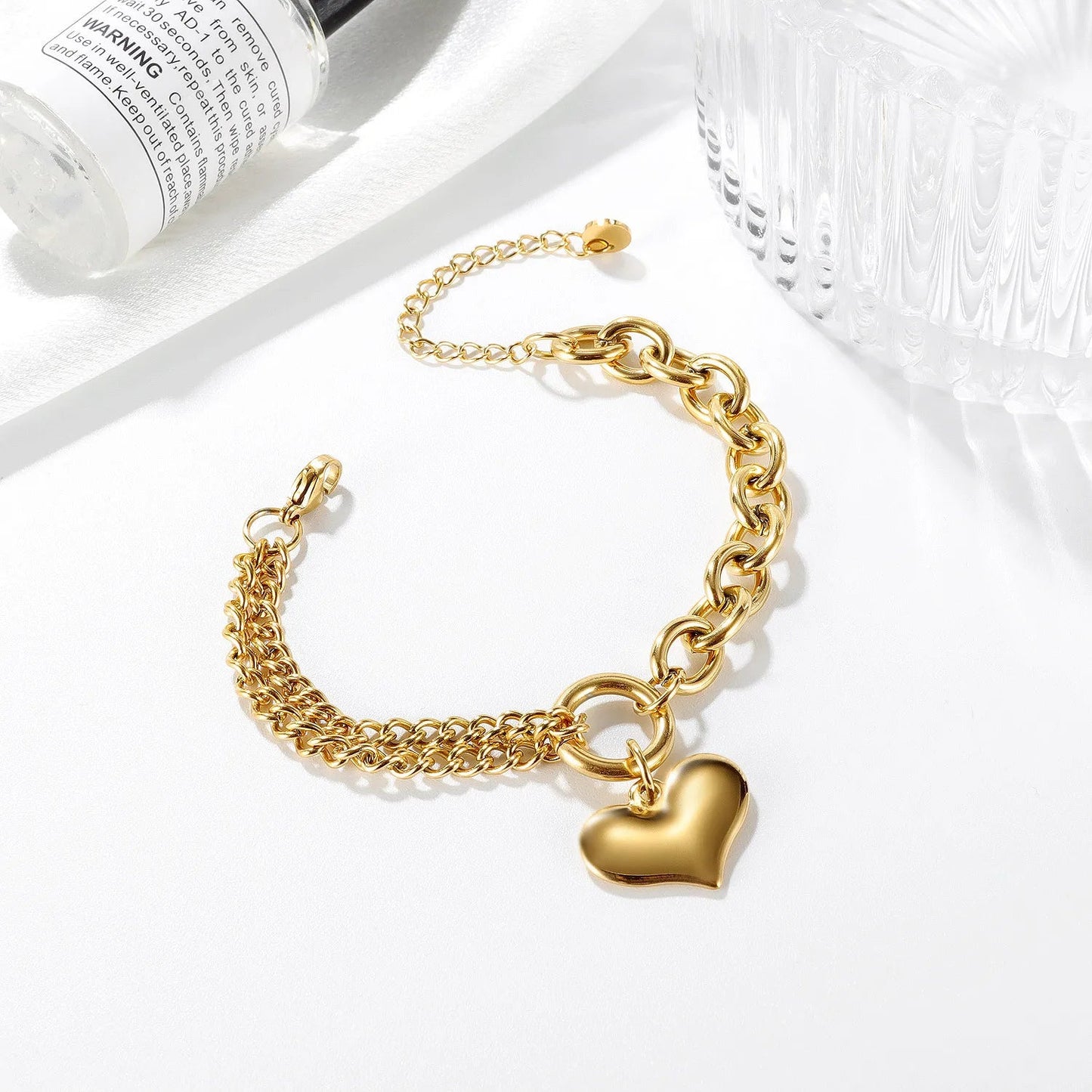 Layered Chain and Paperclip Heart Bracelet - Veinci