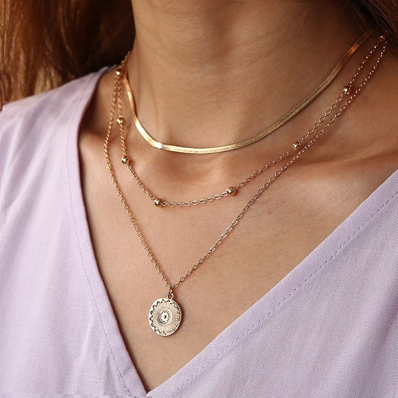 Layered Floral Pendant Herringbone & Dainty Necklaces Stack - Veinci