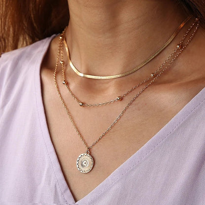 Layered Floral Pendant Herringbone & Dainty Necklaces Stack - Veinci