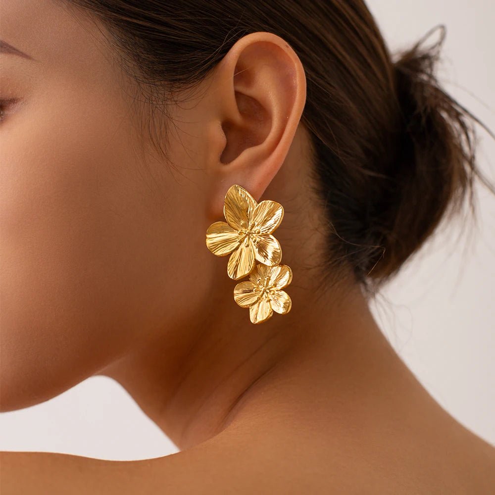 Layered Hibiscus Flower Floral Earrings - Veinci