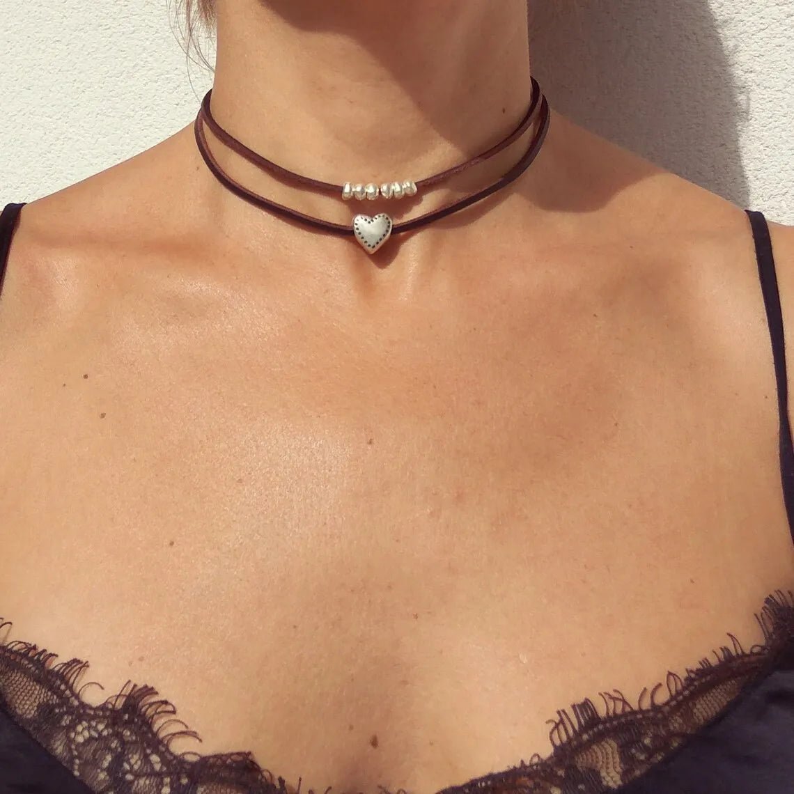 Layered Leather Heart Choker Necklace - Veinci