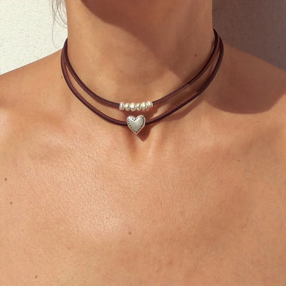 Layered Leather Heart Choker Necklace - Veinci