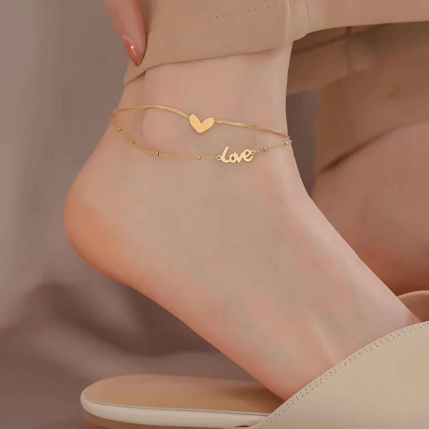 Layered Love Heart Golden Anklet - Veinci