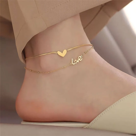 Layered Love Heart Golden Anklet - Veinci