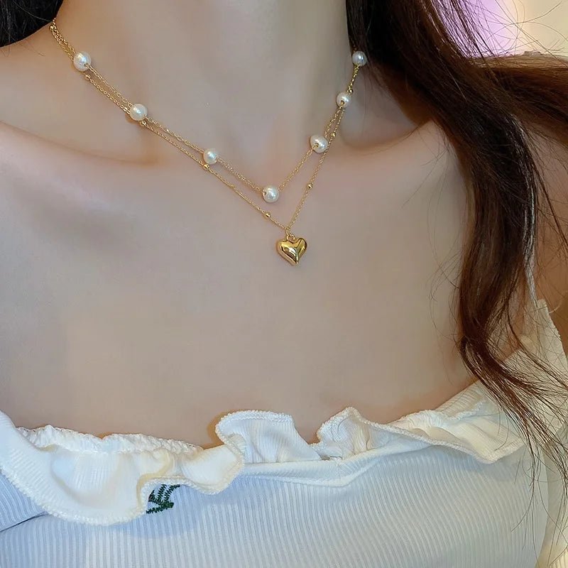 Layered Pearl and Heart Chain Necklace - Veinci