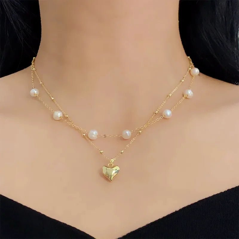 Layered Pearl and Heart Chain Necklace - Veinci