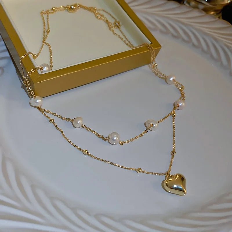 Layered Pearl and Heart Chain Necklace - Veinci