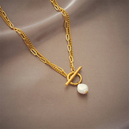 Layered Pearl Circle Clasp Necklace - Veinci