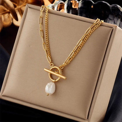 Layered Pearl Circle Clasp Necklace - Veinci