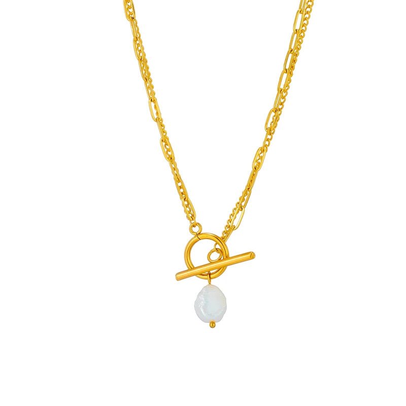 Layered Pearl Circle Clasp Necklace - Veinci