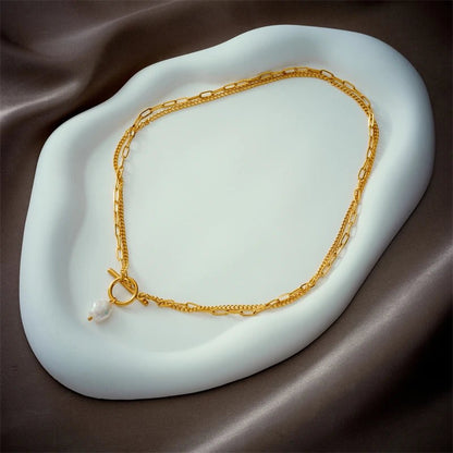 Layered Pearl Circle Clasp Necklace - Veinci